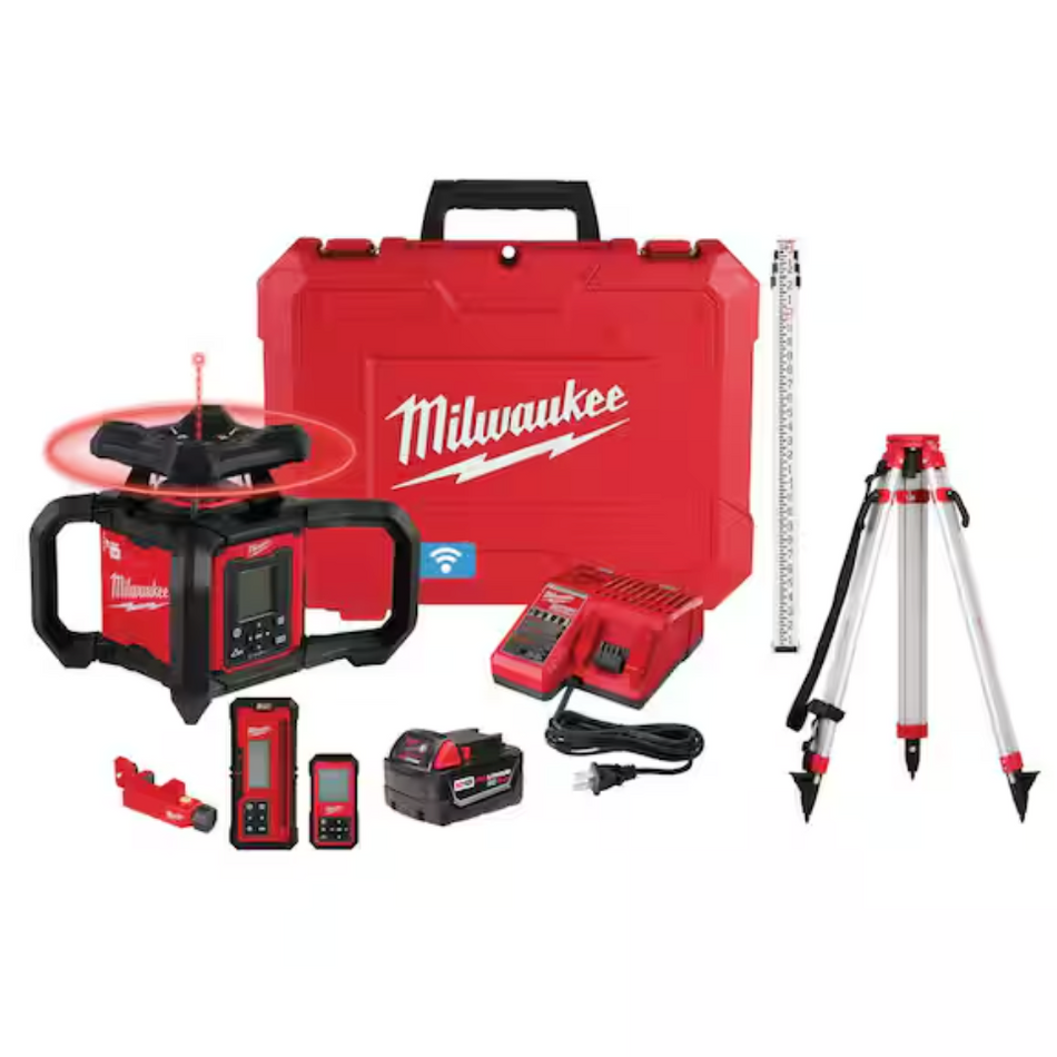 Milwaukee 3704-21T M18™ Red Exterior Dual Slope Rotary Laser Level Kit w/ Receiver, Remote, Grade Rod & Tripod