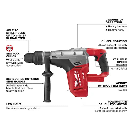 Milwaukee 2717-20 M18 FUEL™ 1-9/16" SDS Max Hammer Drill (Tool Only)