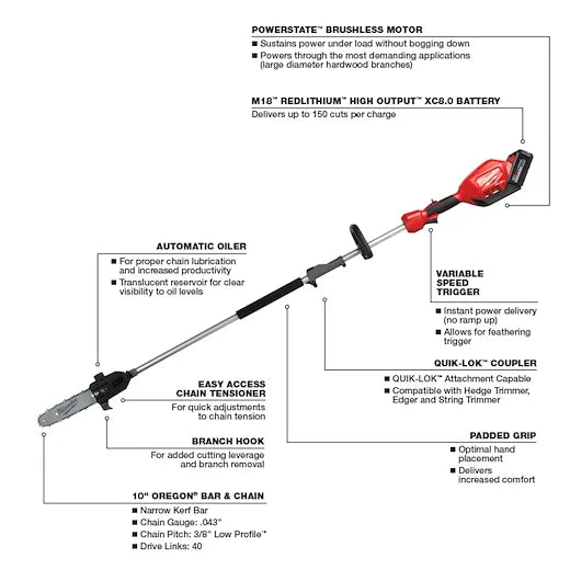 Milwaukee 2825-20PS M18 FUEL™ 10" Pole Saw w/ QUIK-LOK™