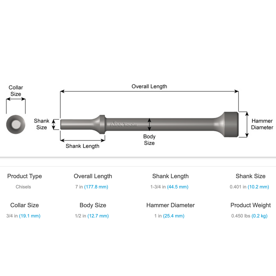 Ajax Tools A945-7 Hammer Chisel, 1" Hammer, 7" Length