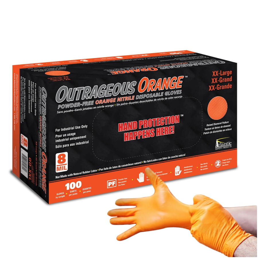Atlantic Safety Products Outrageous Orange Nitrile Gloves - 8 mil thickness