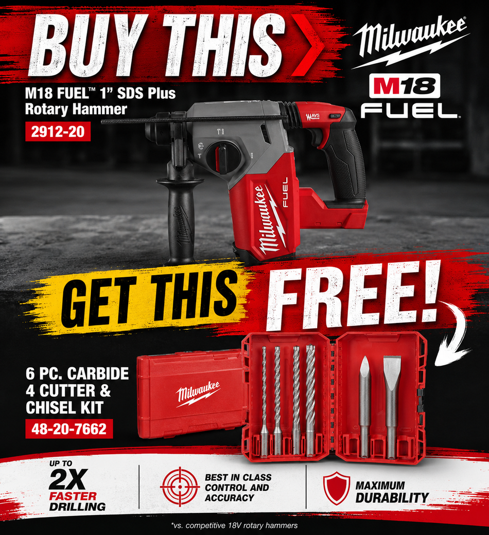 SPECIAL BOGO PROMO: BUY ONE Milwaukee 2912-20  M18 FUEL™ 1" SDS Plus Rotary Hammer GET ONE FREE Milwaukee 48-20-7662 6 Pc. Carbide 4-Cutter & Chisel Set