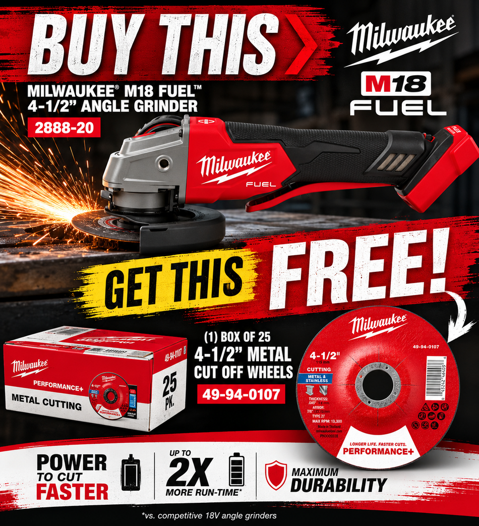 SPECIAL BOGO PROMO: BUY ONE Milwaukee 2888-20 M18 Fuel 4-1/2"/5" Variable Speed Braking Grinder, Paddle Switch No-Lock Milwaukee 49-94-0107 Performance+ Metal Cut Off Wheel - Type 27 - 4-1/2" x .045" x 7/8"