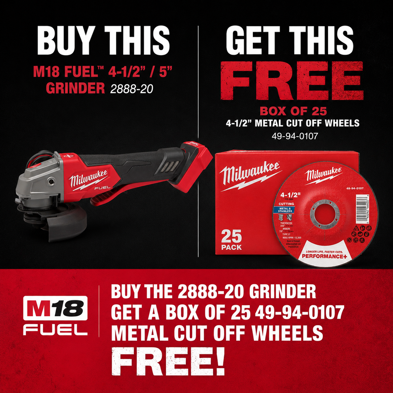 BOGO SPECIAL PROMO: BUY ONE Milwaukee 2888-20 M18 Fuel 4-1/2
