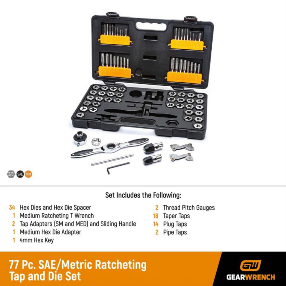 GearWrench 3887 - 77 Piece SAE/Metric Ratcheting Tap and Die Set