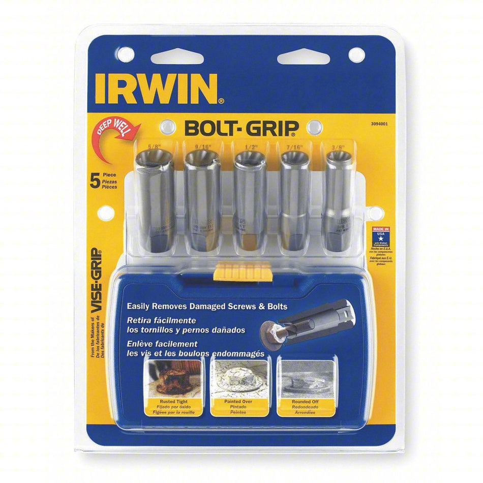 Irwin 3094001 BOLT-GRIP™ Reverse Spiral Flute Deep Well Bolt Extractor Set 3/8” to 5/8” - 5pc