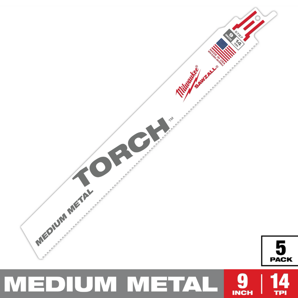 Milwaukee 48-00-5787 - 9" 14 TPI TORCH™ SAWZALL® Blade for Medium Metal (5 PK)
