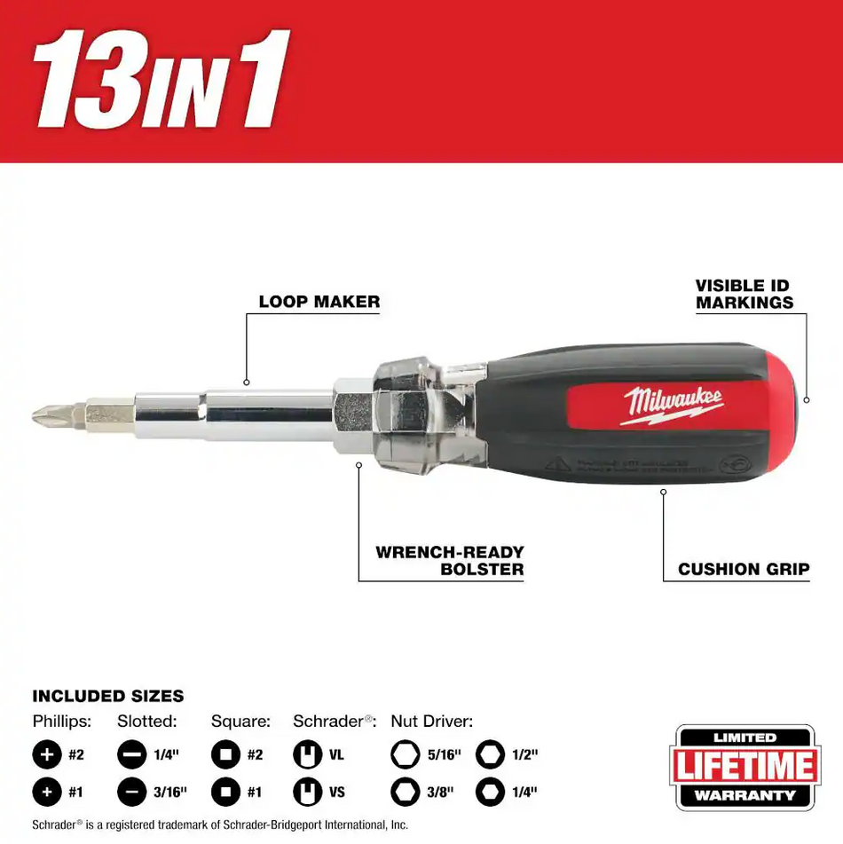Milwaukee 48-22-2881 - 13-in-1 Multi-Tip Cushion Grip Screwdriver With Schrader Bit