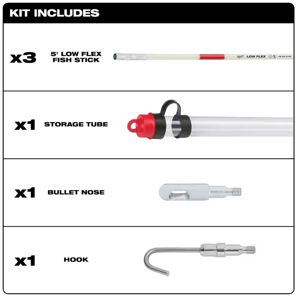 Milwaukee 48-22-4152 - 15' Mid Flex Fish Stick Kit w/ Accessories