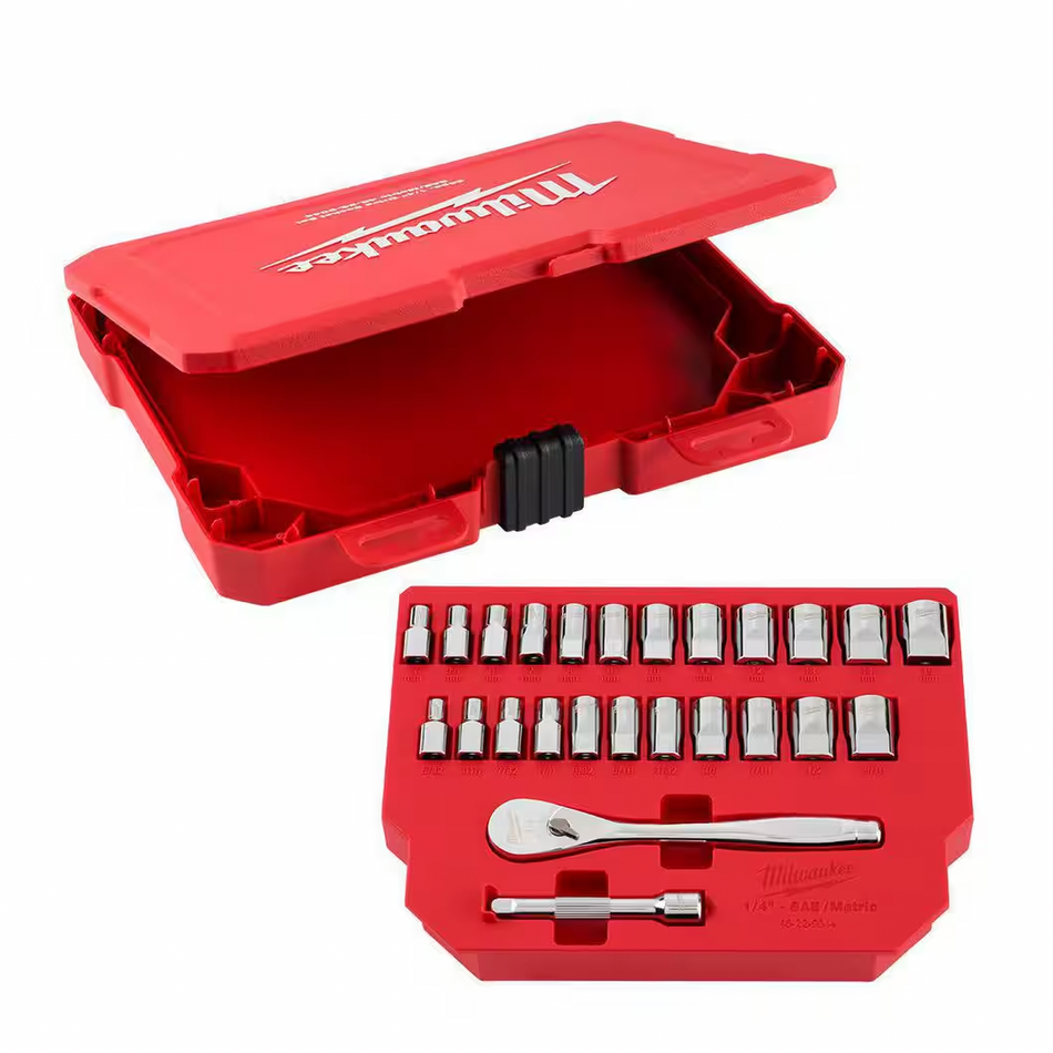 Milwaukee 48-22-9044 - 1/4" Drive Metric & SAE Ratchet and Socket Set with FOUR FLAT™ SIDES, 25pc