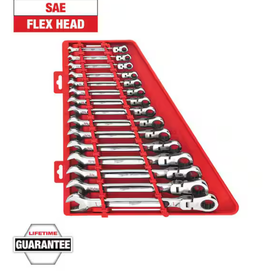 Milwaukee 48-22-9413 SAE Flex Head Ratcheting Combination Wrench Set, 15pc