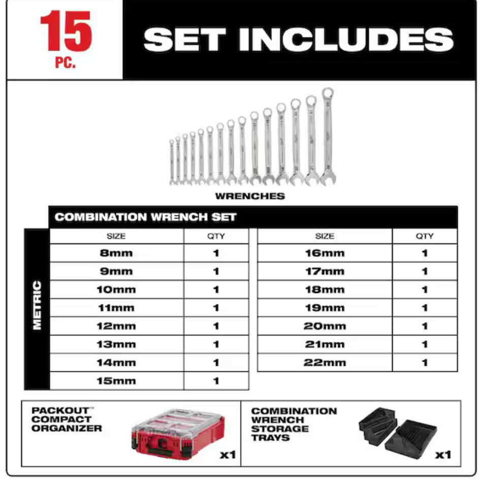 Milwaukee 48-22-9483 - 15pc Metric Combination Wrench Set with PACKOUT™ Compact Organizer
