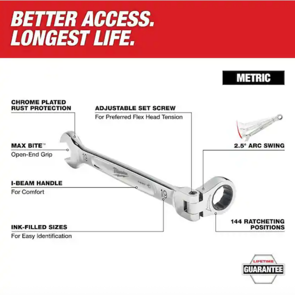 Milwaukee 48-22-9513 Metric Flex Head Ratcheting Combination Wrench, 15pc