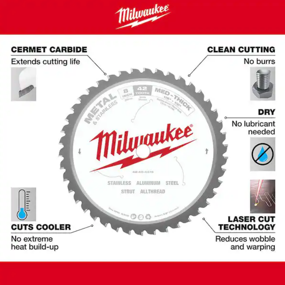 Milwaukee 48-40-4515 - 8" x 42 Teeth Metal & Stainless Cutting Circular Saw Blade