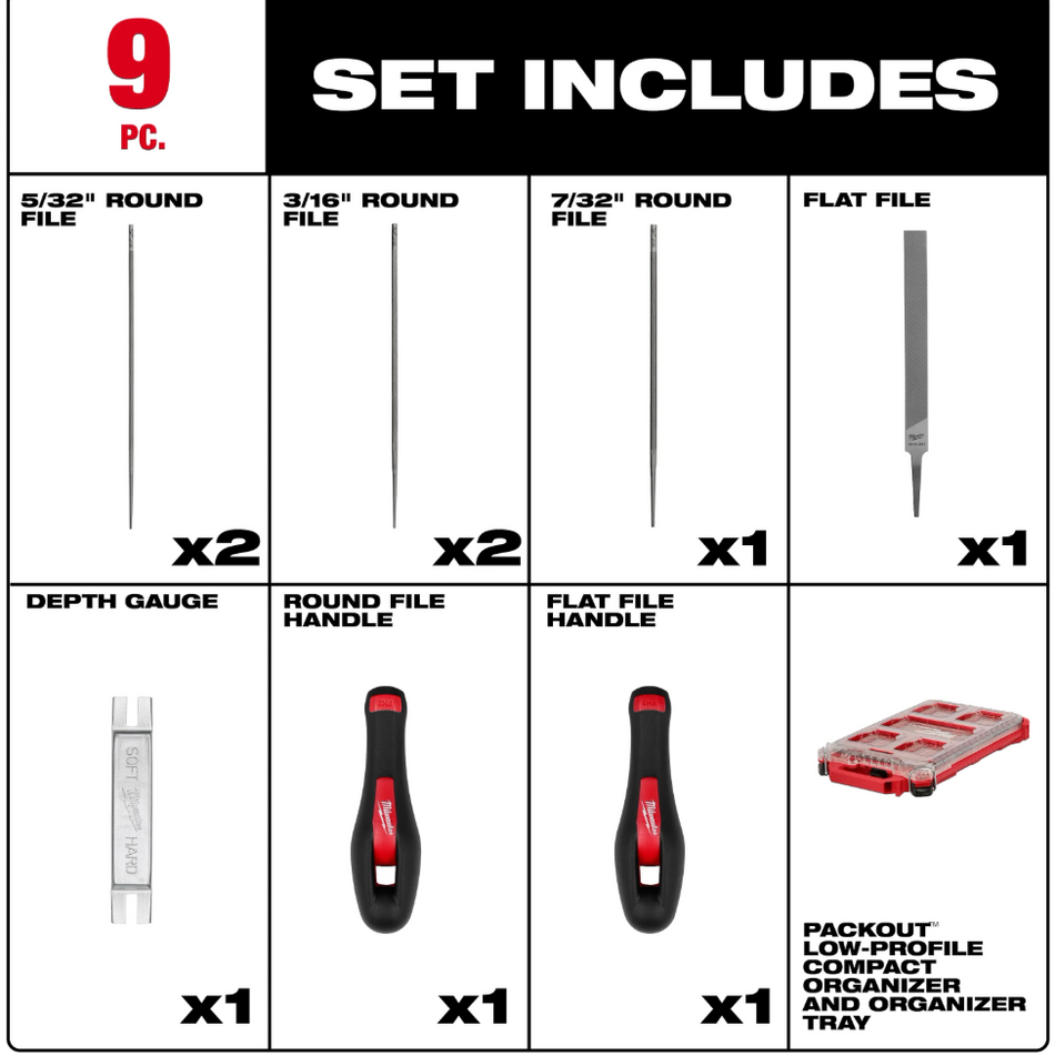 Milwaukee 49-16-2880 - 9pc Saw Chain Sharpening Set with PACKOUT™ Low-Profile Compact Organizer