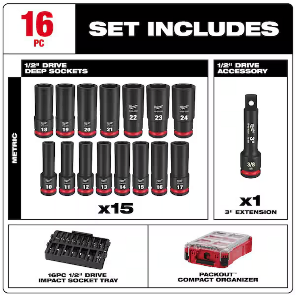 Milwaukee 49-66-6803 SHOCKWAVE™ Impact Duty Socket 1/2” Drive MM Set with PACKOUT™, 16pc