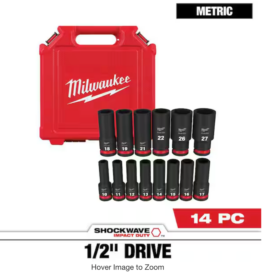 Milwaukee 49-66-7014 Impact Duty™ 1/2" Drive Metric Deep 6 Point Socket Set, 14pc
