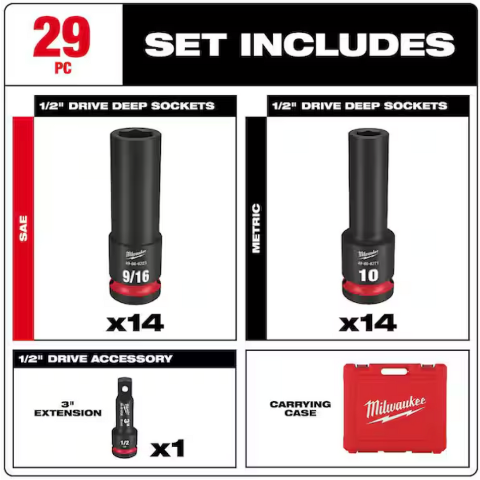 Milwaukee 49-66-7016 SHOCKWAVE Impact Duty™ 1/2" Drive SAE & Metric Deep 6 Point Socket Set, 29pc