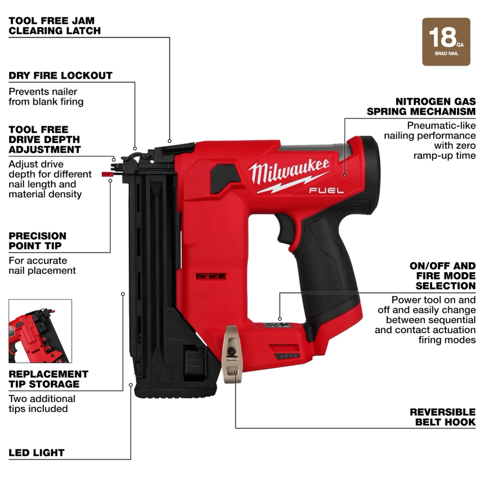 Milwaukee 2541-20 M12 FUEL™ 18 Gauge Compact Brad Nailer (Tool Only)
