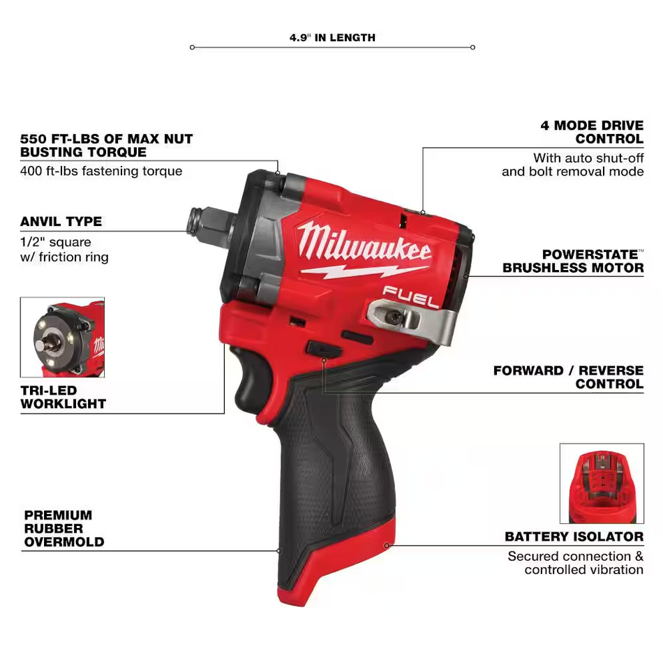 Milwaukee 2563-20 M12 FUEL™ Stubby 1/2" Impact Wrench (Tool Only)