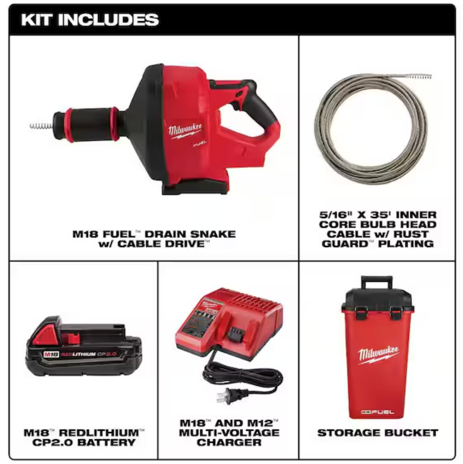 Milwaukee 2772A-21 M18 FUEL™ Drain Snake w/ CABLE DRIVE™ with 5/16” Cable