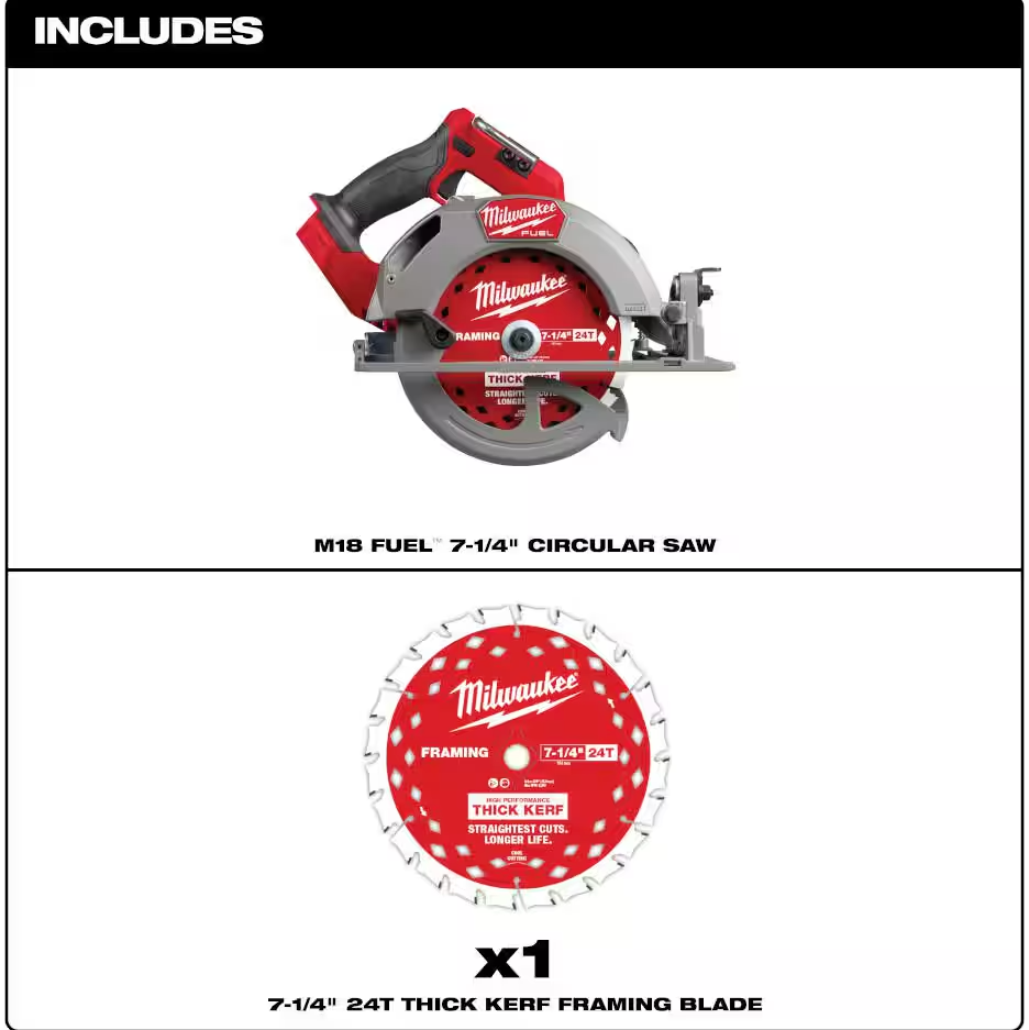 Milwaukee 2834-20 M18 FUEL™ 7-1/4" Circular Saw w/ 24T Thick Kerf Framing Circular Saw Blade (Tool Only)