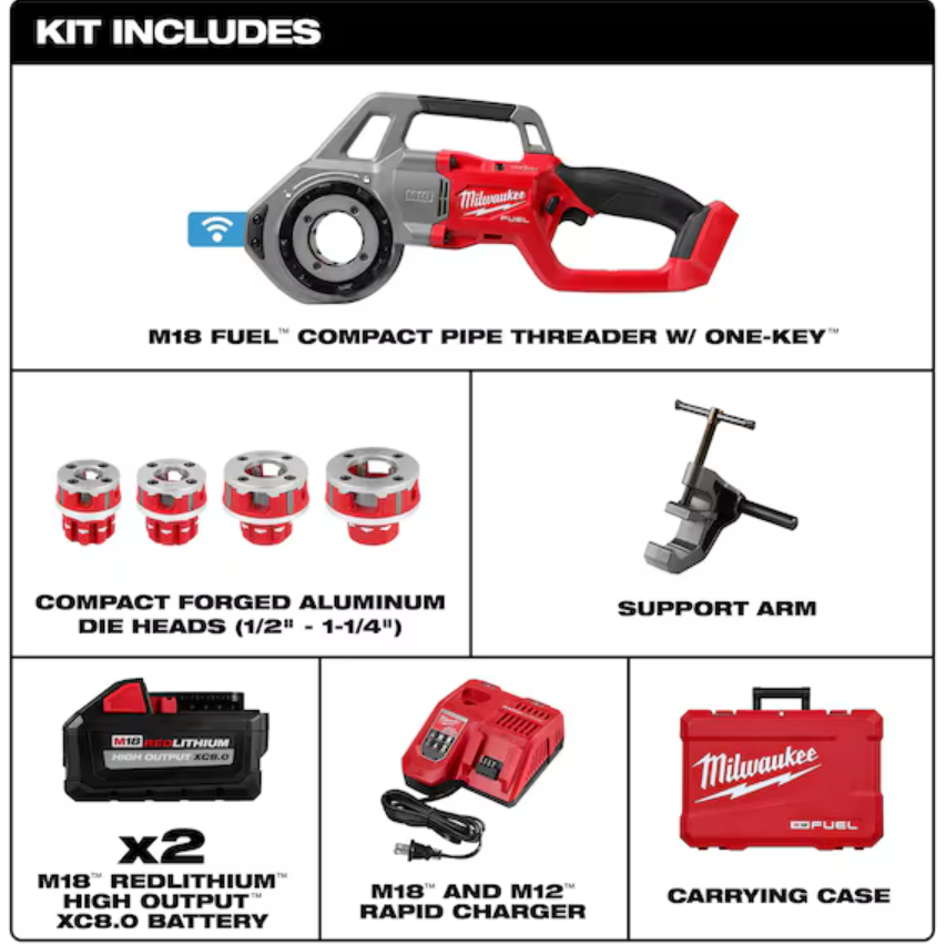 Milwaukee 2870-22 M18 FUEL™ Compact Pipe Threader w/ ONE-KEY™ w/ 1/2" - 1-1/4" Compact NPT Forged Aluminum Die Heads