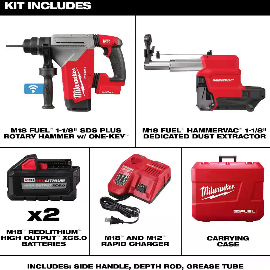 Milwaukee 2915-22DE M18 FUEL™ 1-1/8" SDS Plus Rotary Hammer w/ ONE-KEY™ & HAMMERVAC™ Dedicated Dust Extractor Kit
