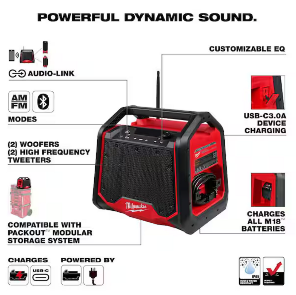 Milwaukee 2956-20 M18 Bluetooth® PACKOUT Jobsite Radio/Speaker with Built-In Charger