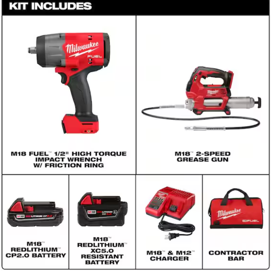 Milwaukee 2967-22GG M18 FUEL™ 1/2" HTIW w/ Friction Ring & Grease Gun Combo Kit