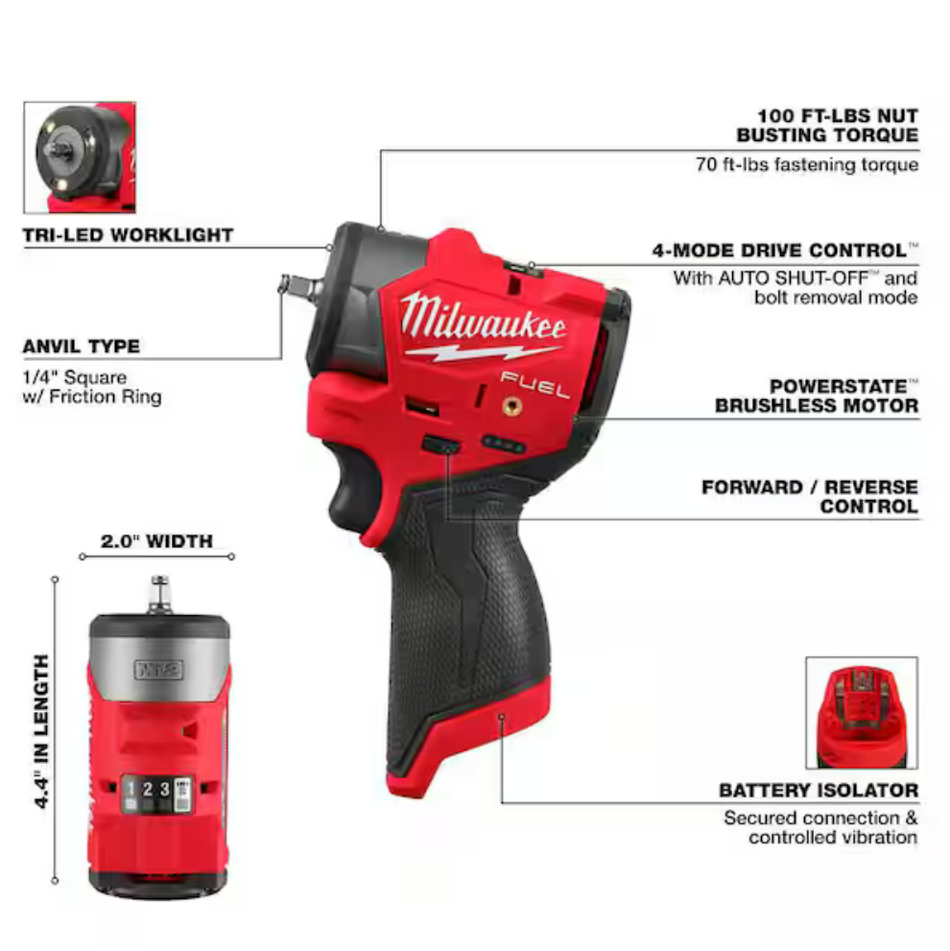 Milwaukee 3048-20 M12 FUEL Brushless Cordless 1/4" Subcompact Impact Wrench w/ Friction Ring