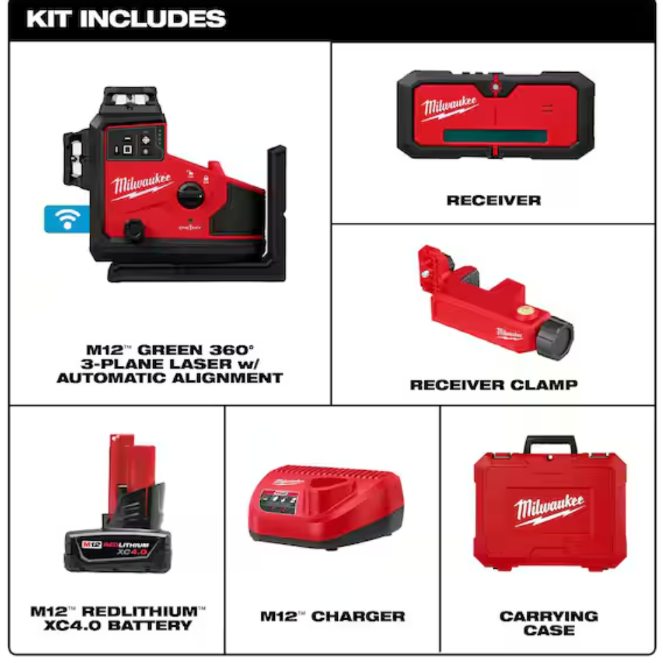 Milwaukee 3642-21 M12™ Green 360° 3-Plane Laser w/Automatic Alignment & Receiver