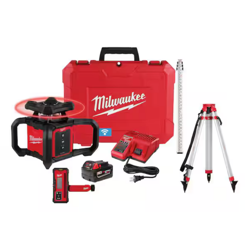 Milwaukee 3701-21T M18 Red Exterior Rotary Laser Level Kit w/ Receiver, Tripod, & Grade Rod