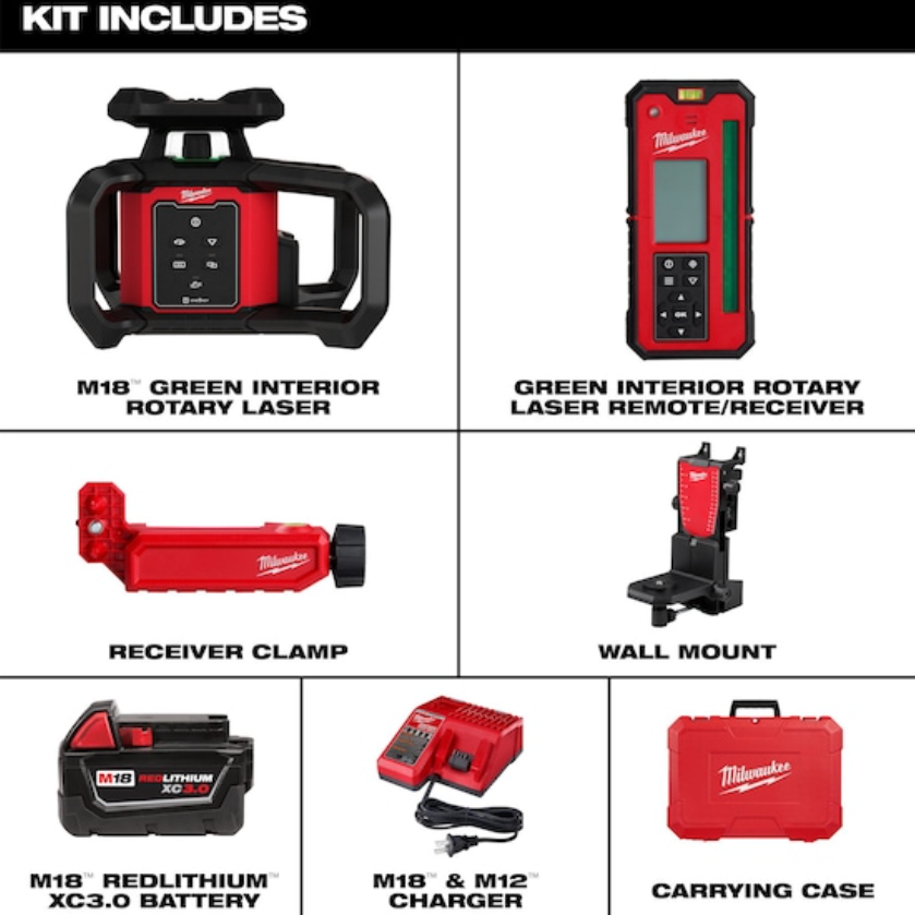 Milwaukee 3702-21 M18™ Green Interior Rotary Laser Level Kit w