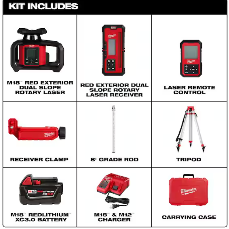 Milwaukee 3704-21T M18™ Red Exterior Dual Slope Rotary Laser Level Kit w/ Receiver, Remote, Grade Rod & Tripod