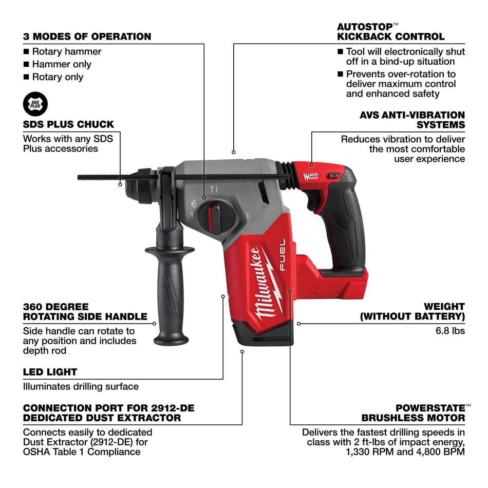 Milwaukee 2912-20 M18 FUEL™ 1" SDS Plus Rotary Hammer (Tool Only)