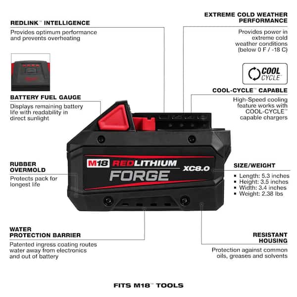 Milwaukee MWA 48-59-1881SC M18 18V Lithium-Ion REDLITHIUM FORGE 8.0 Ah Battery Pack with M18 18V Dual Bay Simultaneous Super Charger